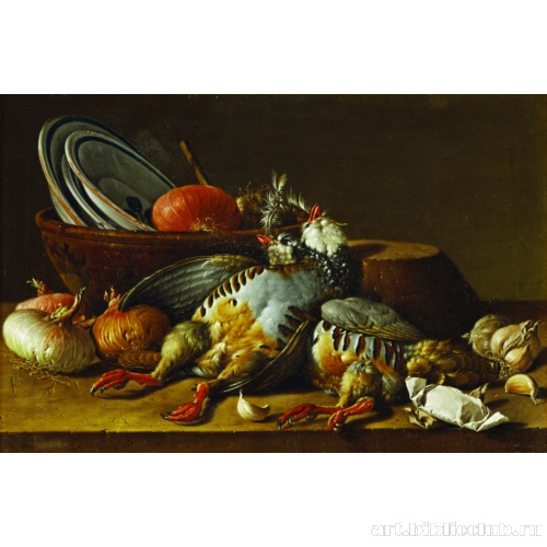 Натюрморт с куропатками, луком, чесноком и посудой