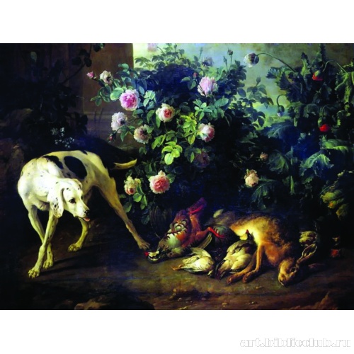 Натюрморт с собакой и битой дичью у розового куста
