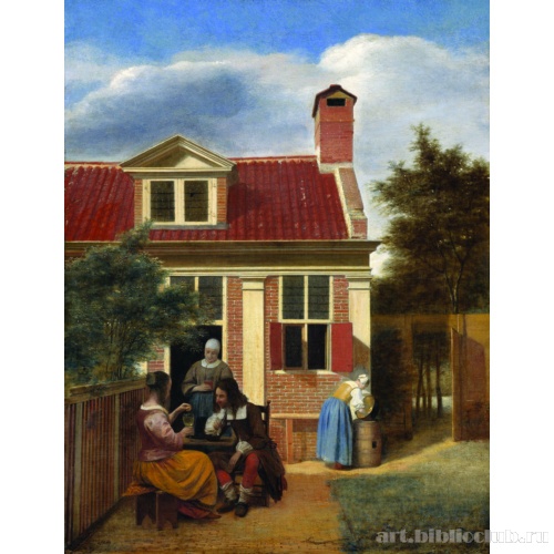 Три женщины и мужчина во дворике позади дома