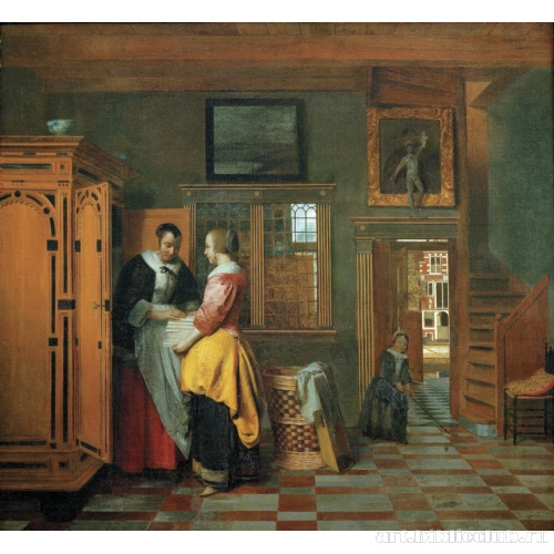 Интерьер с женщинами перед бельевым шкафом