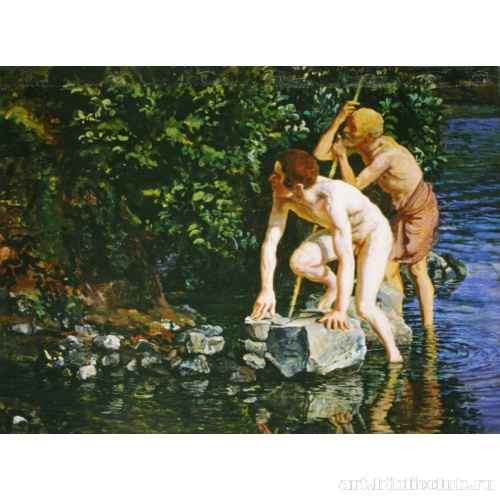 Старик, опирающийся на палку, и мальчик, выходящий из воды