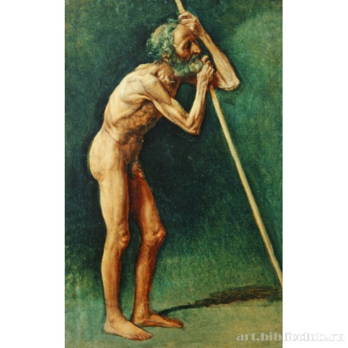 Обнаженный старик-натурщик, в позе старика, опирающегося на палку