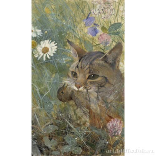 Кошка с молодой птицей во рту