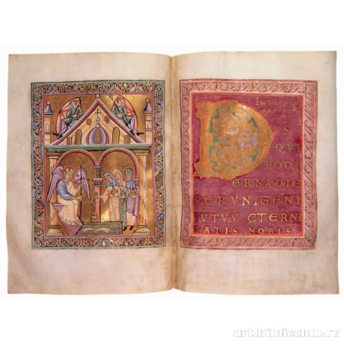 Жены-мироносицы у гроба; инициал к тексту на пасхальное воскресенье