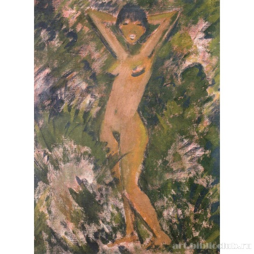 Стоящая обнаженная девушка в зелени