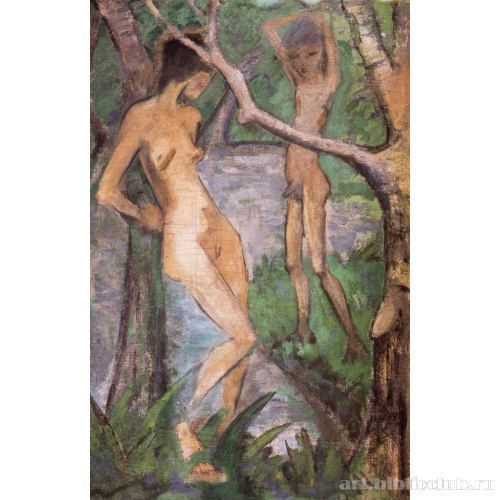 Девочка и мальчик в лесном пруду