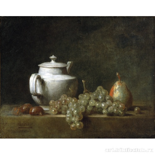 Натюрморт с чайником, виноградом, каштанами и грушей