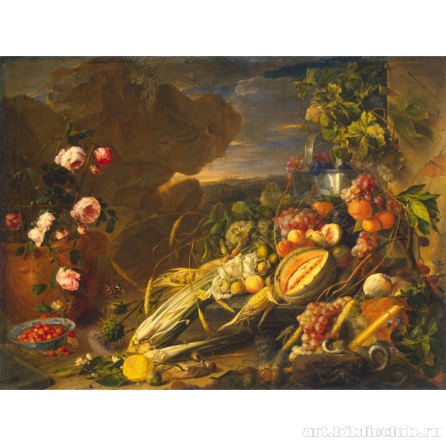 Плоды и ваза с цветами