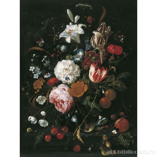 Натюрморт с цветами в стеклянной вазе и фруктами