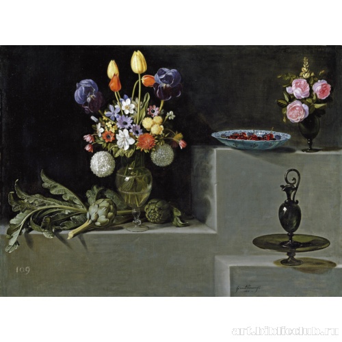 Натюрморт с цветами, артишоками, вишней и стеклянной посудой