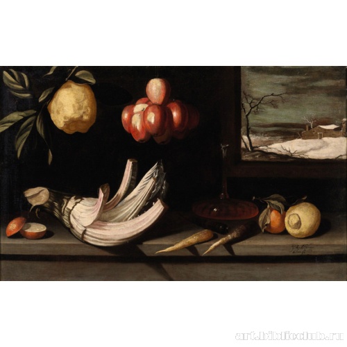 Натюрморт с чертополохом, овощами и зимним пейзажем