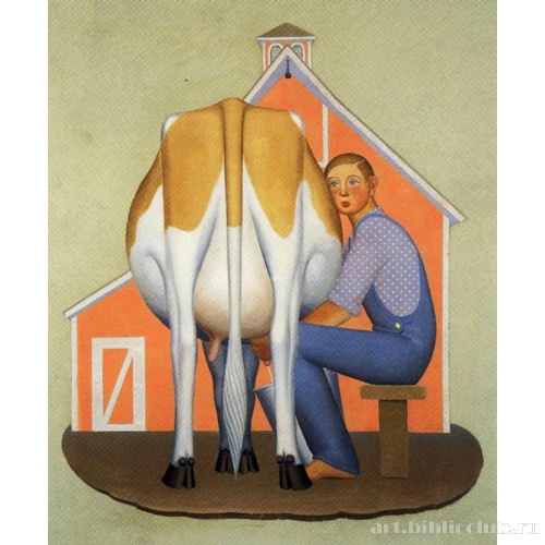 Мальчик доит корову