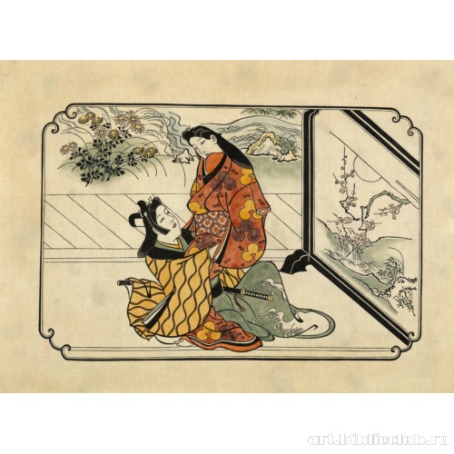 [Двое влюбленных, обнимающиеся напротив разрисованной ширмы]