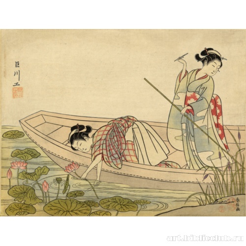 [Две женщины собирают цветки лотоса]