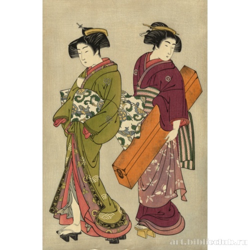 Гейша и ее слуга, несущий кото