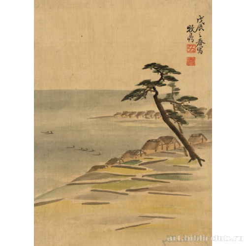 [Прибрежный вид с деревней и соснами вдоль береговой линии]