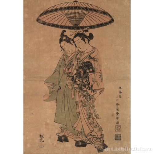 Актеры Саногава Итимацу и Сэгава Кикунодзё в образе любовников под зонтиком