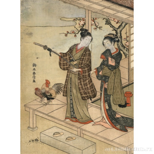 Молодой франт и женщина, стоящие на веранде