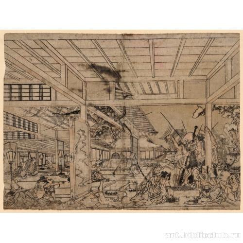 Перспективное изображение битвы Минамото Райко с гигантским пауком и его демонами