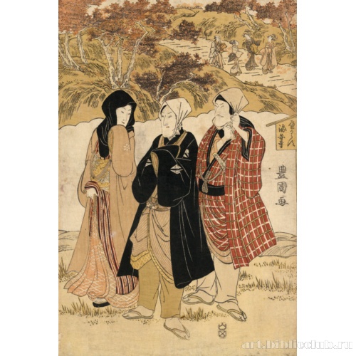 Три актера, собирающие кленовые листья в храме Каиан