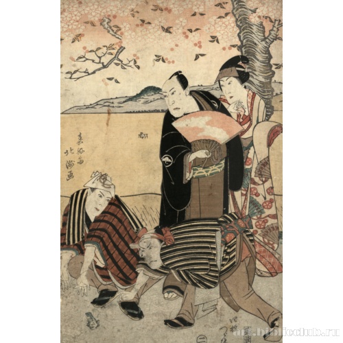 Актеры, смотрящие на цветущую вишню