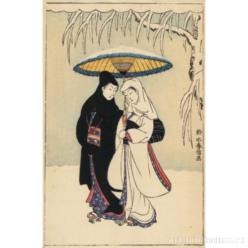 Пара под зонтом во время снегопада (ворон и цапля)