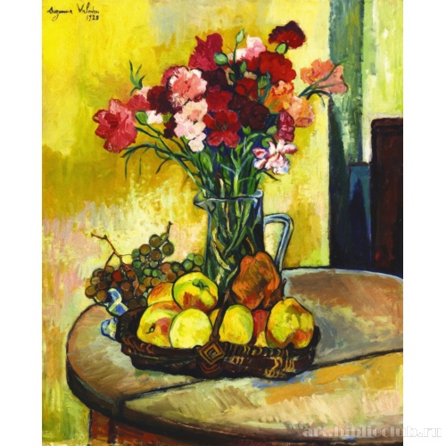 Натюрморт с корзиной яблок, вазой с цветами и виноградом