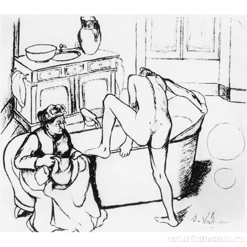 Обнаженная, залезающая в ванну рядом с сидящей бабушкой