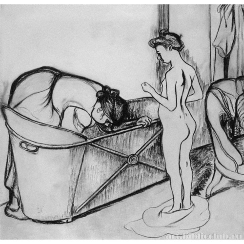 Молодая обнаженная и женщина, приготовляющая ванну