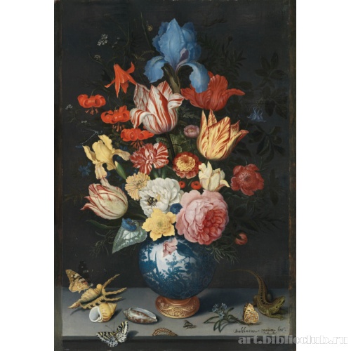 Натюрморт с китайской вазой, раковинами и насекомыми