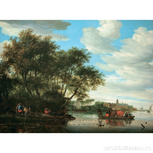 Вид реки Вехт с паромом, рыбаками и замком Нейенроде вдали