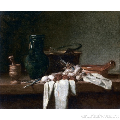 Натюрморт с пестиком, ступкой, кувшином и медным котелком