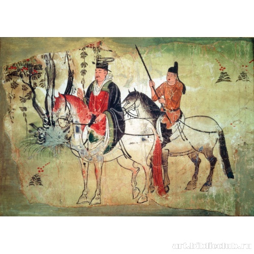 Настенная живопись. Знатный человек на коне в сопровождении своего слуги