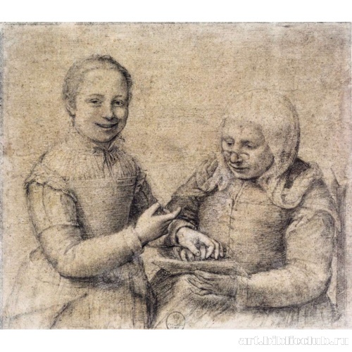 Старушка, изучающая алфавит и смеющаяся девушка