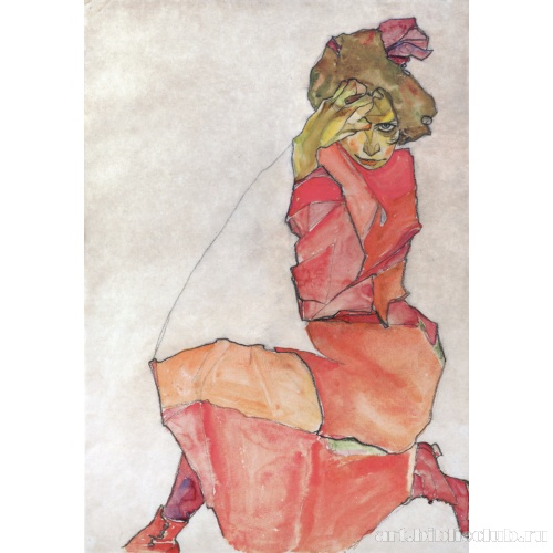 Женщина, сидящая на коленях, в красно-оранжевом платье