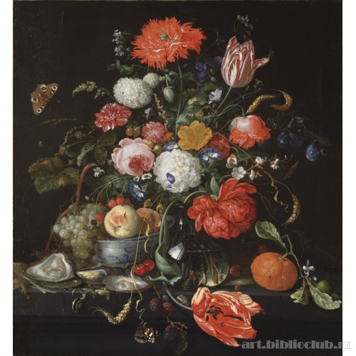 Цветочный натюрморт с чашей фруктов и устрицами