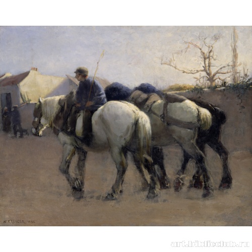 Французская деревенская улица с лошадьми