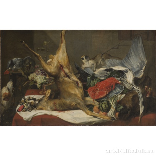 Натюрморт с мертвой дичью, обезьяной, попугаем и собакой