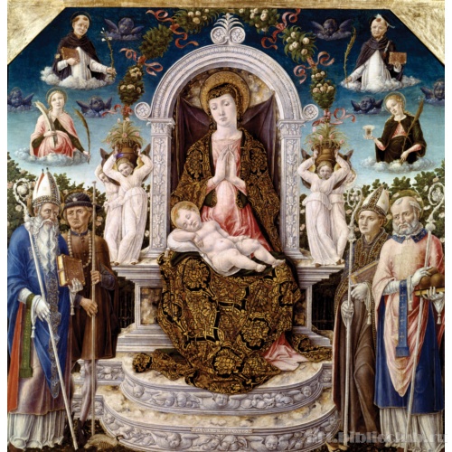 Богоматерь на троне с Младенцем, четверо святых и святые в облаках