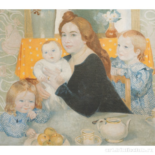 Большой cемейный портрет в голубых и желтых тонах