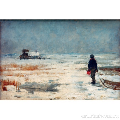 Мальчик с санками в зимнем пейзаже