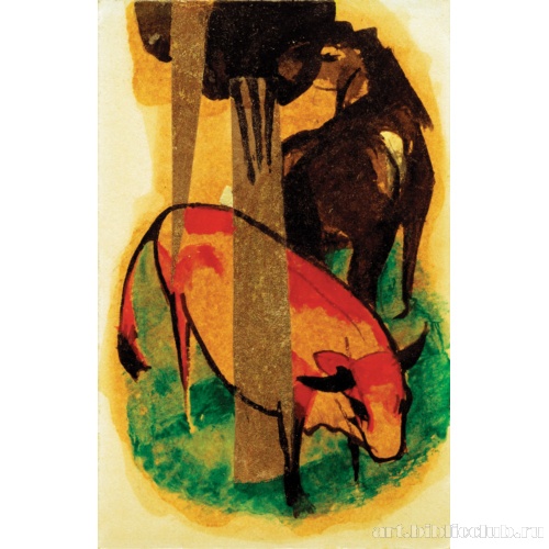 Черно-коричневая лошадь и желтый бык