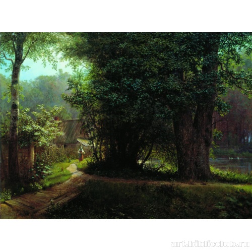 Пейзаж с деревьями, домами и рекой