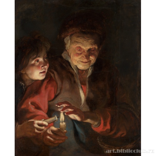 Старая женщина и мальчик со свечами
