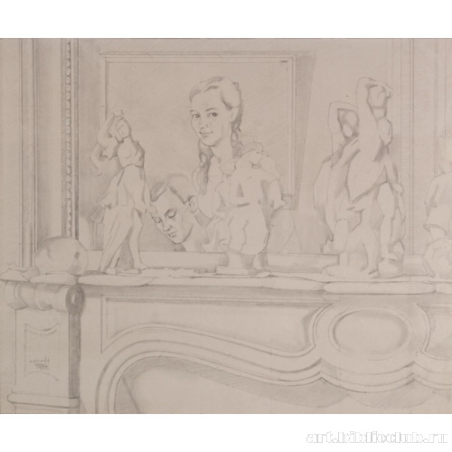 Натюрморт с фарфоровыми статуэтками на камине и отражением в зеркале