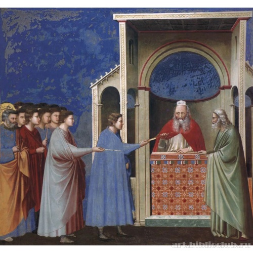 Женихи передают первосвященнику свои жезлы. Сцены из жизни Богородицы