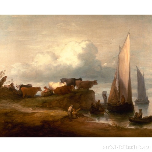 Прибрежный пейзаж с коровами и рыбацкими лодками