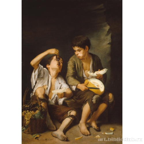 Мальчики едят виноград и дыню