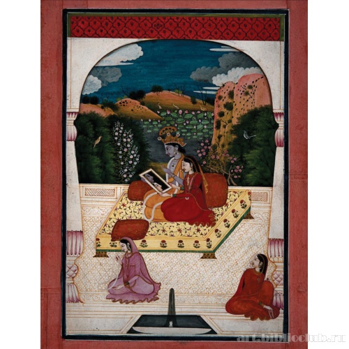 Радха и Кришна любуются друг другом в зеркале