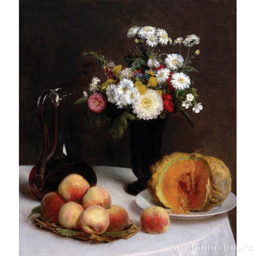 Натюрморт с графином, цветами и фруктами